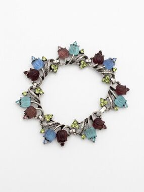 Sweet Romance Molded Glass Tulip Link Bracelet Vintage Style Floral Jewelry